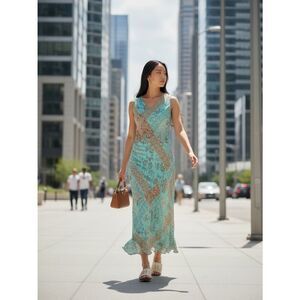 Phool Vintage Teal Tan Gold Floral Lined Maxi Dress Size Large